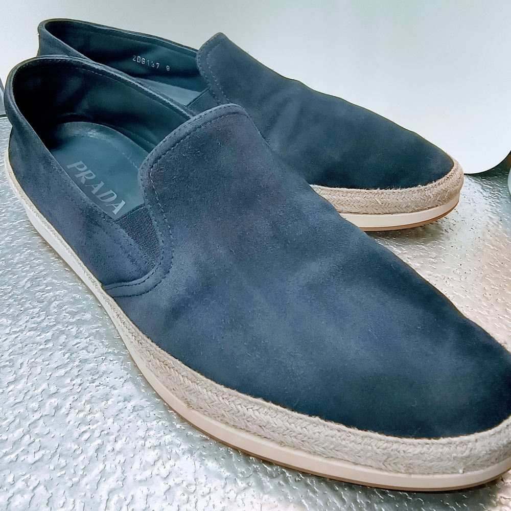 PRADA Men's Navy Blue Suede Espadrille Slip On Sneakers, Size 9